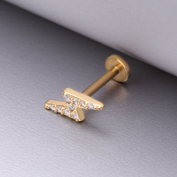 Detail View 1 of Golden Lightning Bolt Sparkle Top Internally Threaded Steel Flat Back Stud Labret-Clear Gem